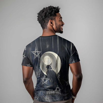 Khonsu T-Shirt Ancient Egyptian Dark Feather Pattern, Moonlit Raven Symbol, and Eye Lotus Graphic Tee