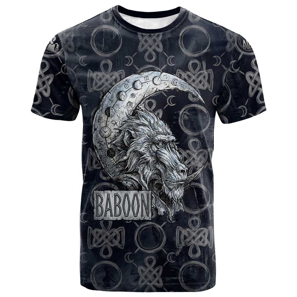 Khonsu Ancient Egyptian T-Shirt with Dark Celtic Knot Pattern, Baboon Guardian Symbol, and Moon Healer Motif Graphic Tee