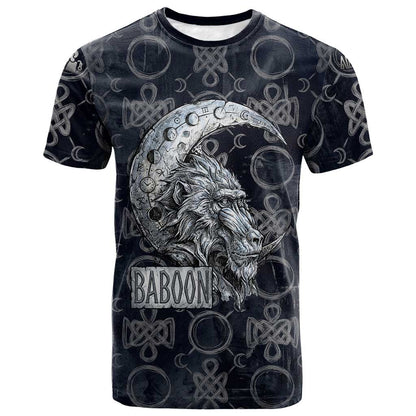 Khonsu Ancient Egyptian T-Shirt with Dark Celtic Knot Pattern, Baboon Guardian Symbol, and Moon Healer Motif Graphic Tee