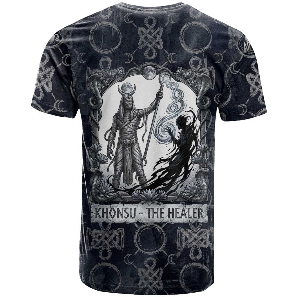 Khonsu Ancient Egyptian T-Shirt with Dark Celtic Knot Pattern, Baboon Guardian Symbol, and Moon Healer Motif Graphic Tee