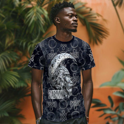 Khonsu Ancient Egyptian T-Shirt with Dark Celtic Knot Pattern, Baboon Guardian Symbol, and Moon Healer Motif Graphic Tee