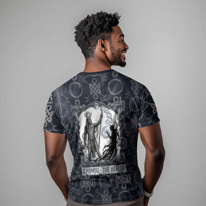 Khonsu Ancient Egyptian T-Shirt with Dark Celtic Knot Pattern, Baboon Guardian Symbol, and Moon Healer Motif Graphic Tee
