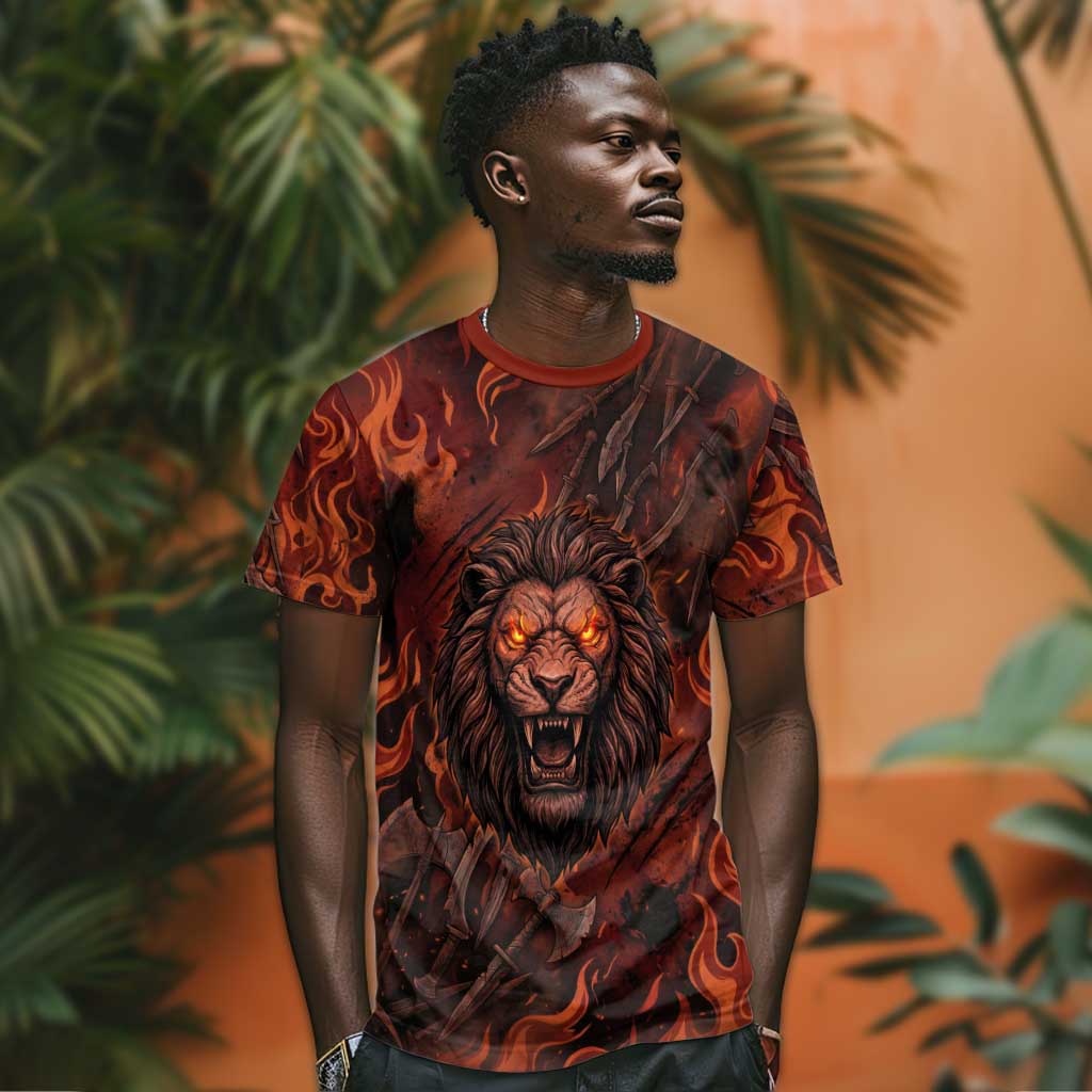 Maahes T-Shirt Ancient Egyptian Fiery Red Flame - Roaring Lion Head Graphic Tee