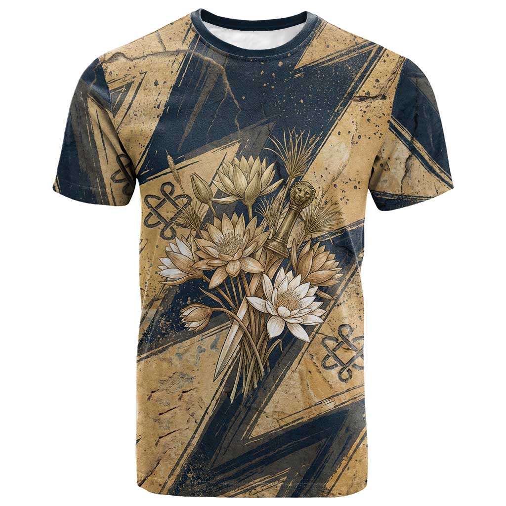 Maahes Ancient Egyptian T-Shirt Geometric Pattern Winged Lion Deity, and Sacred Lotus Motif Graphic Tee