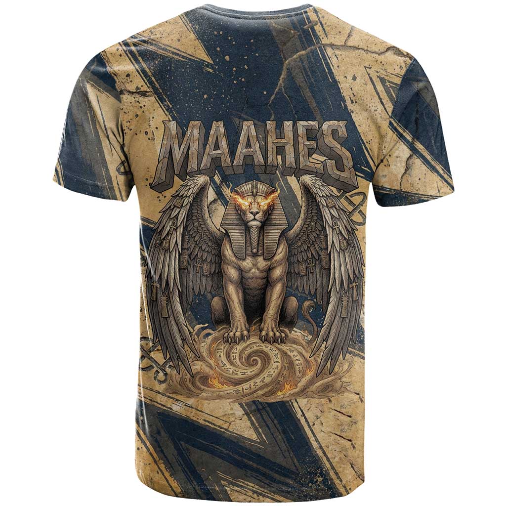 Maahes Ancient Egyptian T-Shirt Geometric Pattern Winged Lion Deity, and Sacred Lotus Motif Graphic Tee