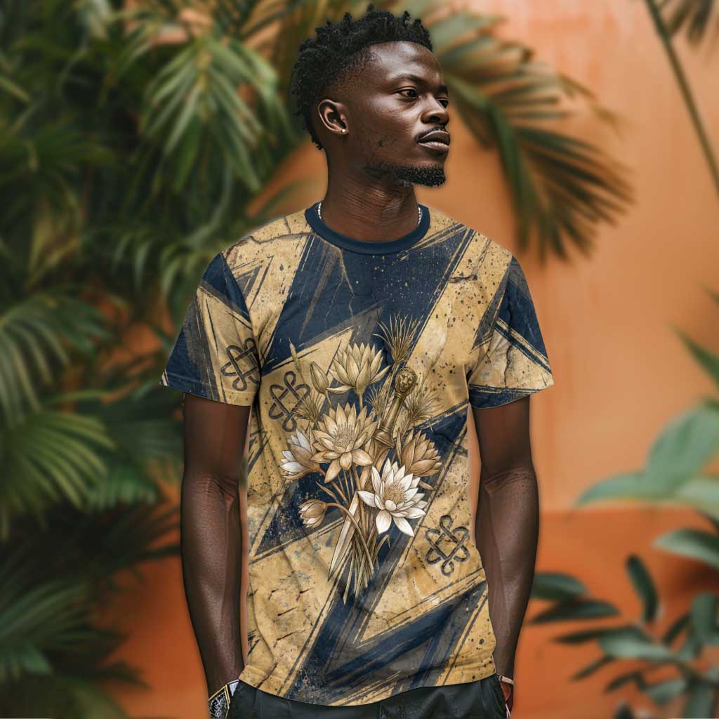 Maahes Ancient Egyptian T-Shirt Geometric Pattern Winged Lion Deity, and Sacred Lotus Motif Graphic Tee