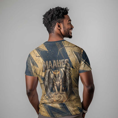 Maahes Ancient Egyptian T-Shirt Geometric Pattern Winged Lion Deity, and Sacred Lotus Motif Graphic Tee