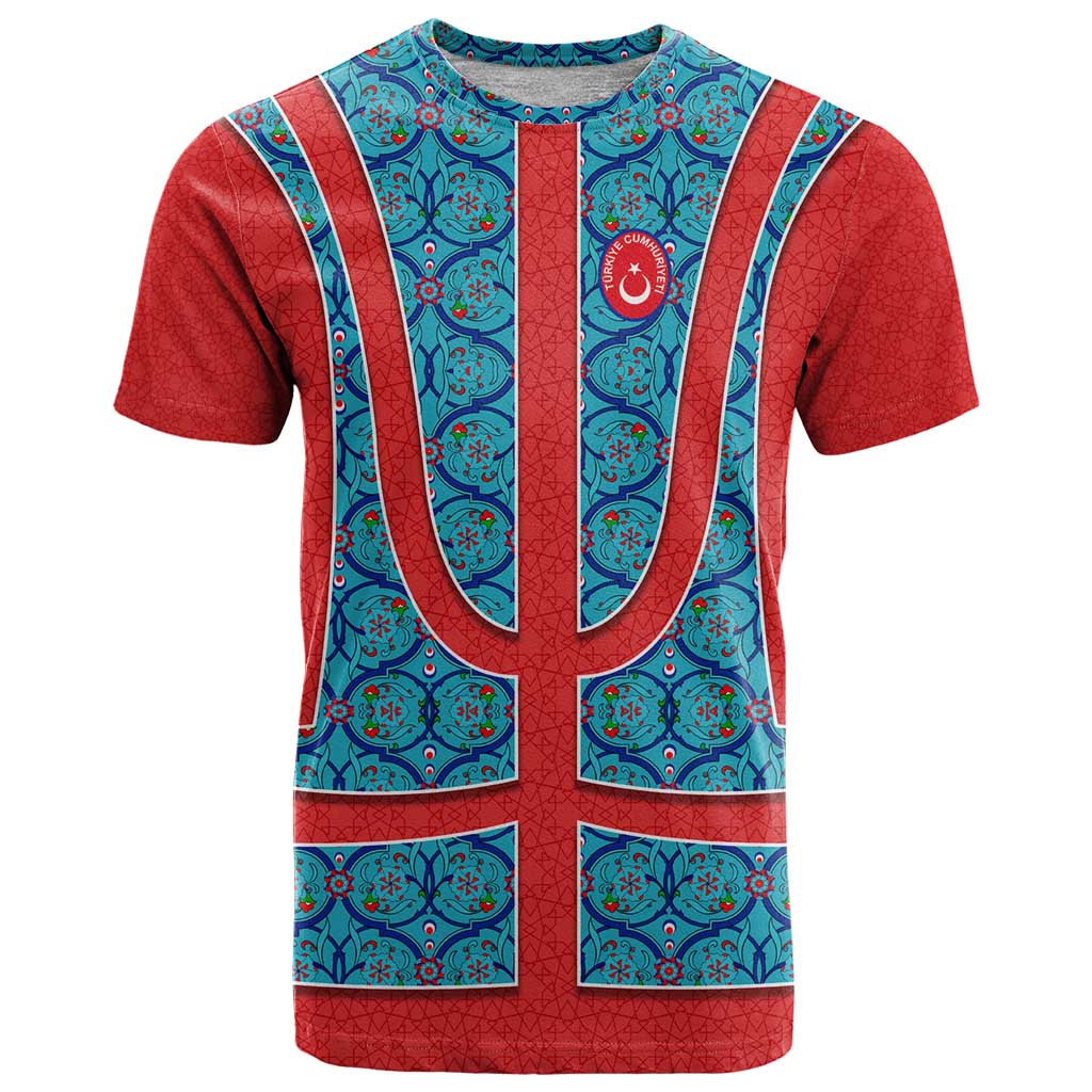 Blue Turkish Traditional Pattern and Red T-Shirt with National Flag Emblem Graphic Tee