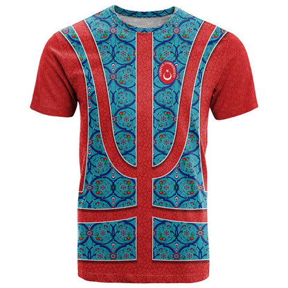 Blue Turkish Traditional Pattern and Red T-Shirt with National Flag Emblem Graphic Tee