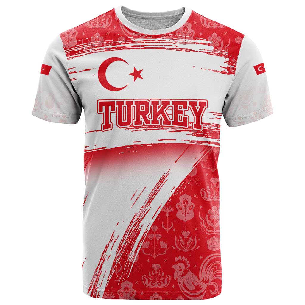 Turkey National Flag and Pattern Design T-Shirt with Red Brush Stroke Effect Graphic Tee