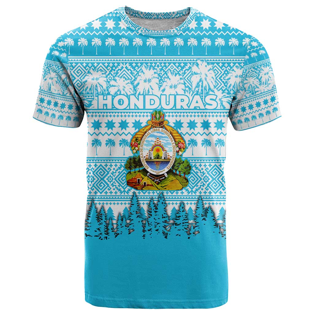 Honduras Christmas T-Shirt with National Emblem Palm Trees and Snowflake Pattern Design Graphic Tee