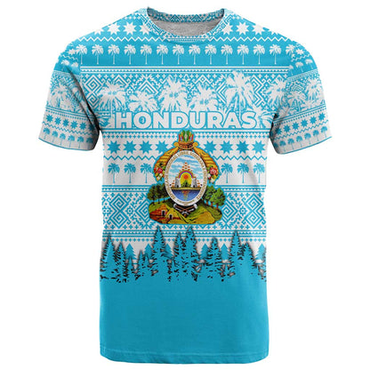 Honduras Christmas T-Shirt with National Emblem Palm Trees and Snowflake Pattern Design Graphic Tee