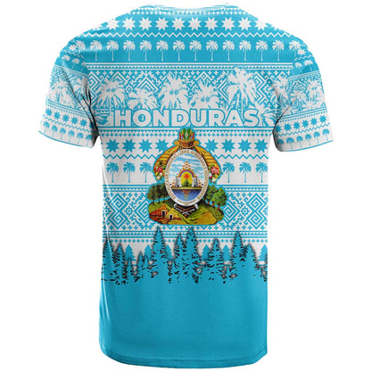 Honduras Christmas T-Shirt with National Emblem Palm Trees and Snowflake Pattern Design Graphic Tee