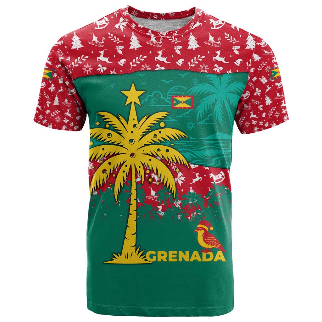 Grenada Christmas T-Shirt with Palm Tree Bird and Tropical Holiday Pattern Design Graphic Tee