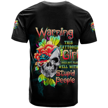 Warning This Tattooed Girl Flower T-Shirt Graphic Tee