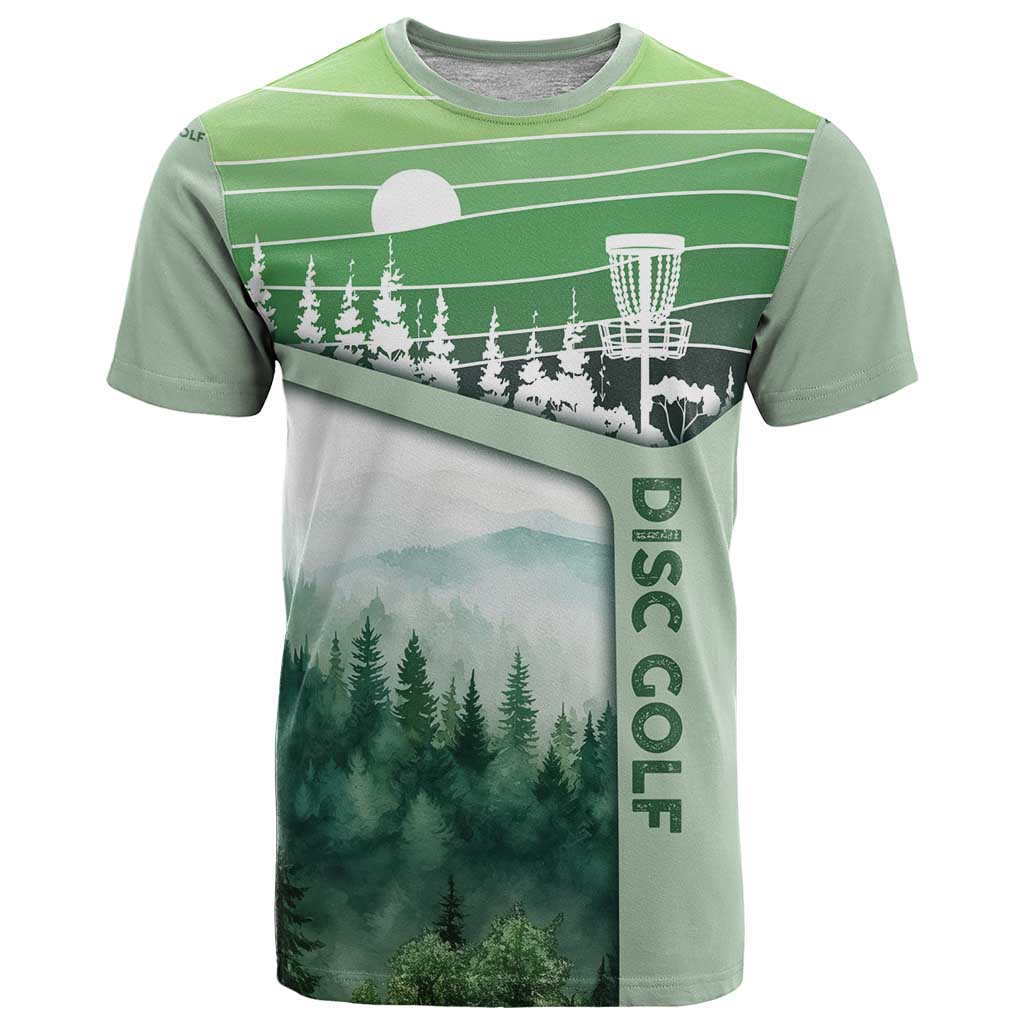 Custom Disc Golf T-Shirt with Forest Landscape Basket Silhouette Graphic Tee