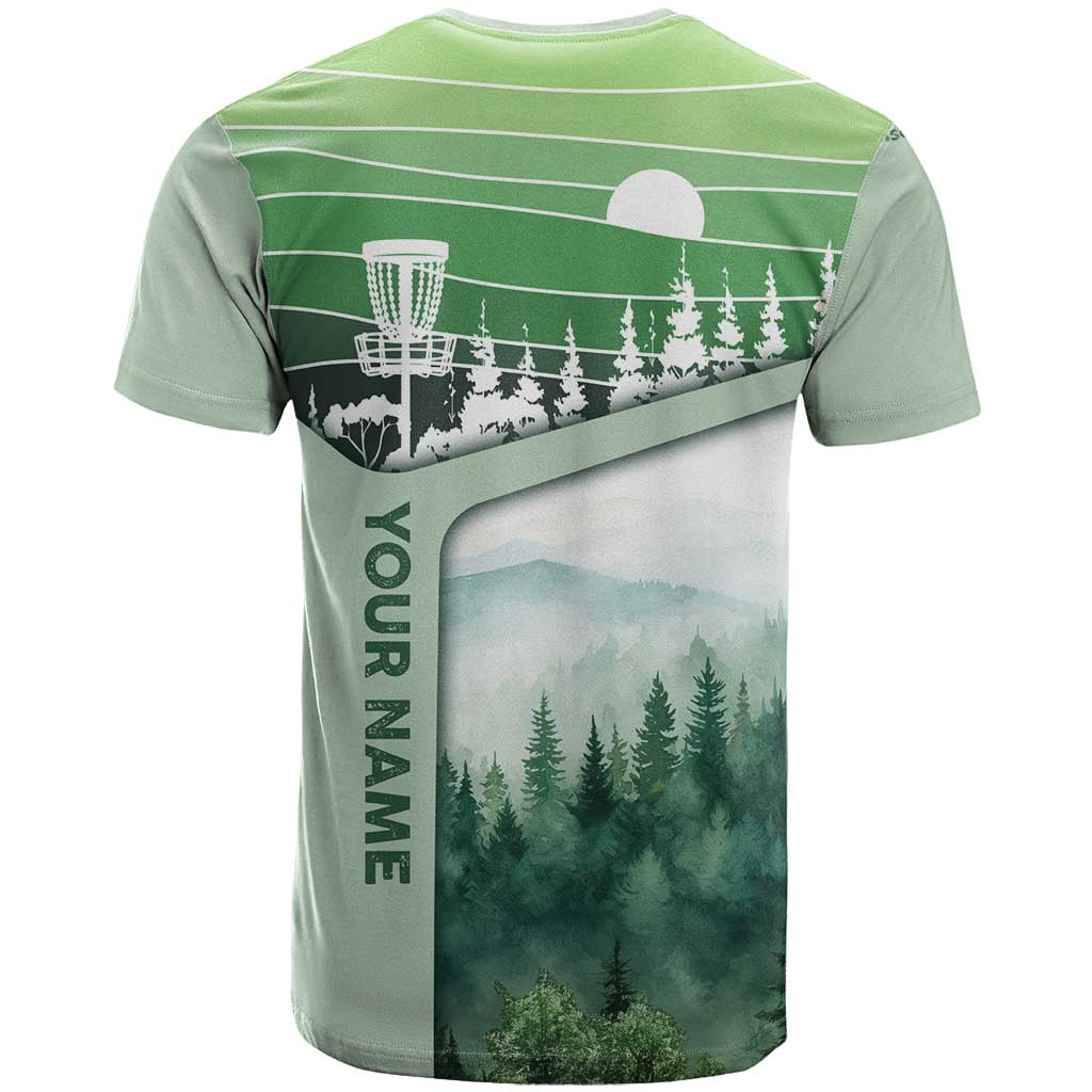 Custom Disc Golf T-Shirt with Forest Landscape Basket Silhouette Graphic Tee