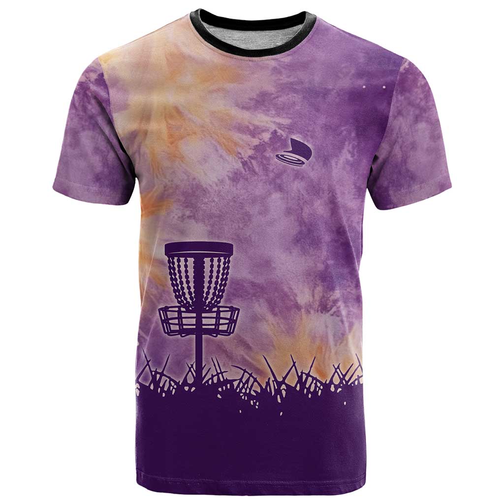 Custom Disc Golf T-Shirt with Purple Sunset Tie Dye Basket and Player Silhouette Graphic Tee