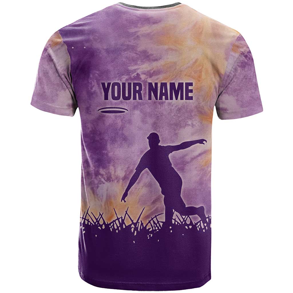 Custom Disc Golf T-Shirt with Purple Sunset Tie Dye Basket and Player Silhouette Graphic Tee