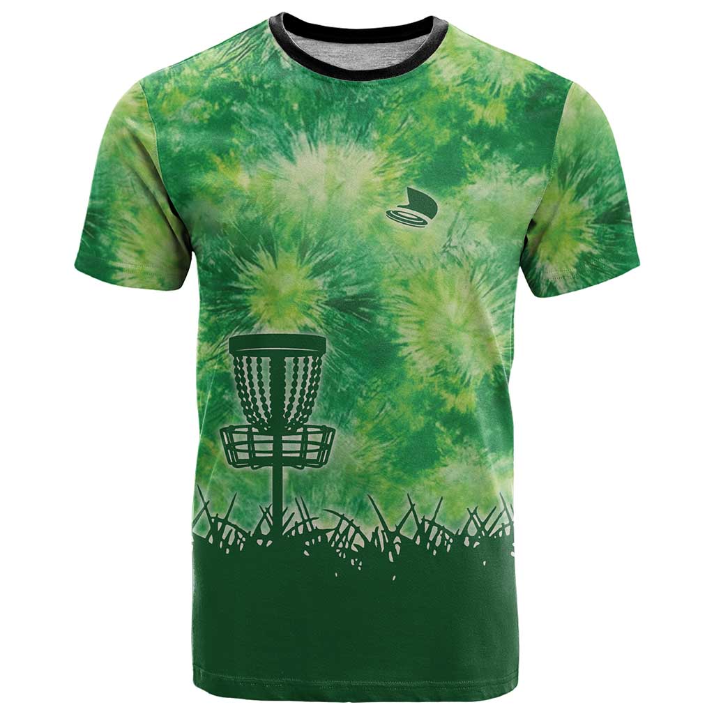 Custom Disc Golf T-Shirt with Green Tie Dye Basket and Player Silhouette Graphic Tee