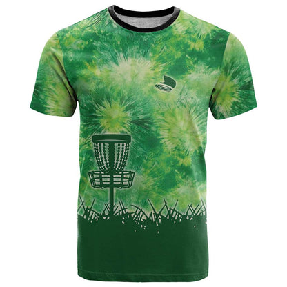 Custom Disc Golf T-Shirt with Green Tie Dye Basket and Player Silhouette Graphic Tee