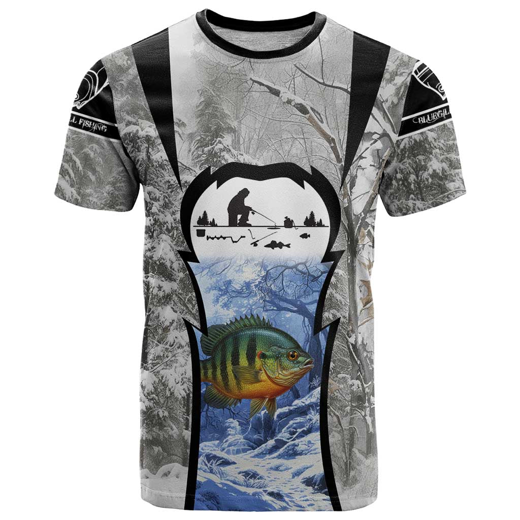 Custom Bluegill Ice Fishing Winter Camo T-Shirt with Snowy Forest Background Colorful Fish Graphic Tee