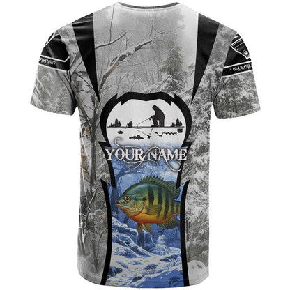Custom Bluegill Ice Fishing Winter Camo T-Shirt with Snowy Forest Background Colorful Fish Graphic Tee