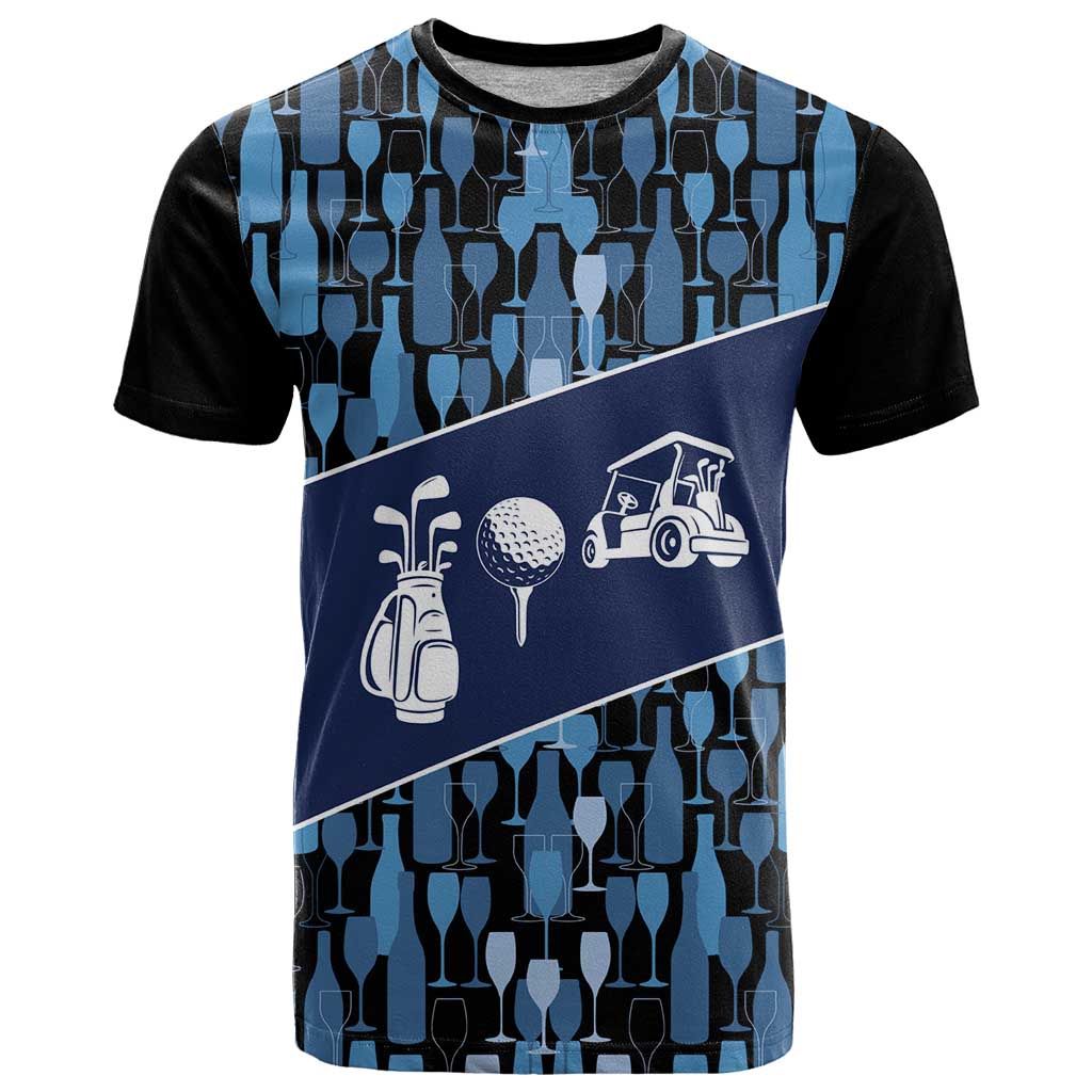 Custom Blue Wine Camo Pattern Golf T-Shirt with Blue Golf Club Pattern Cart and Ball Graphic Graphic Tee