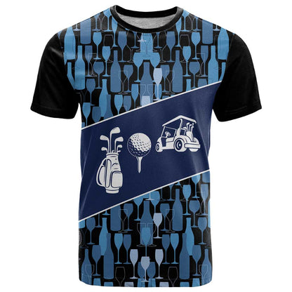 Custom Blue Wine Camo Pattern Golf T-Shirt with Blue Golf Club Pattern Cart and Ball Graphic Graphic Tee