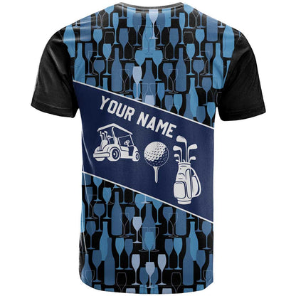 Custom Blue Wine Camo Pattern Golf T-Shirt with Blue Golf Club Pattern Cart and Ball Graphic Graphic Tee