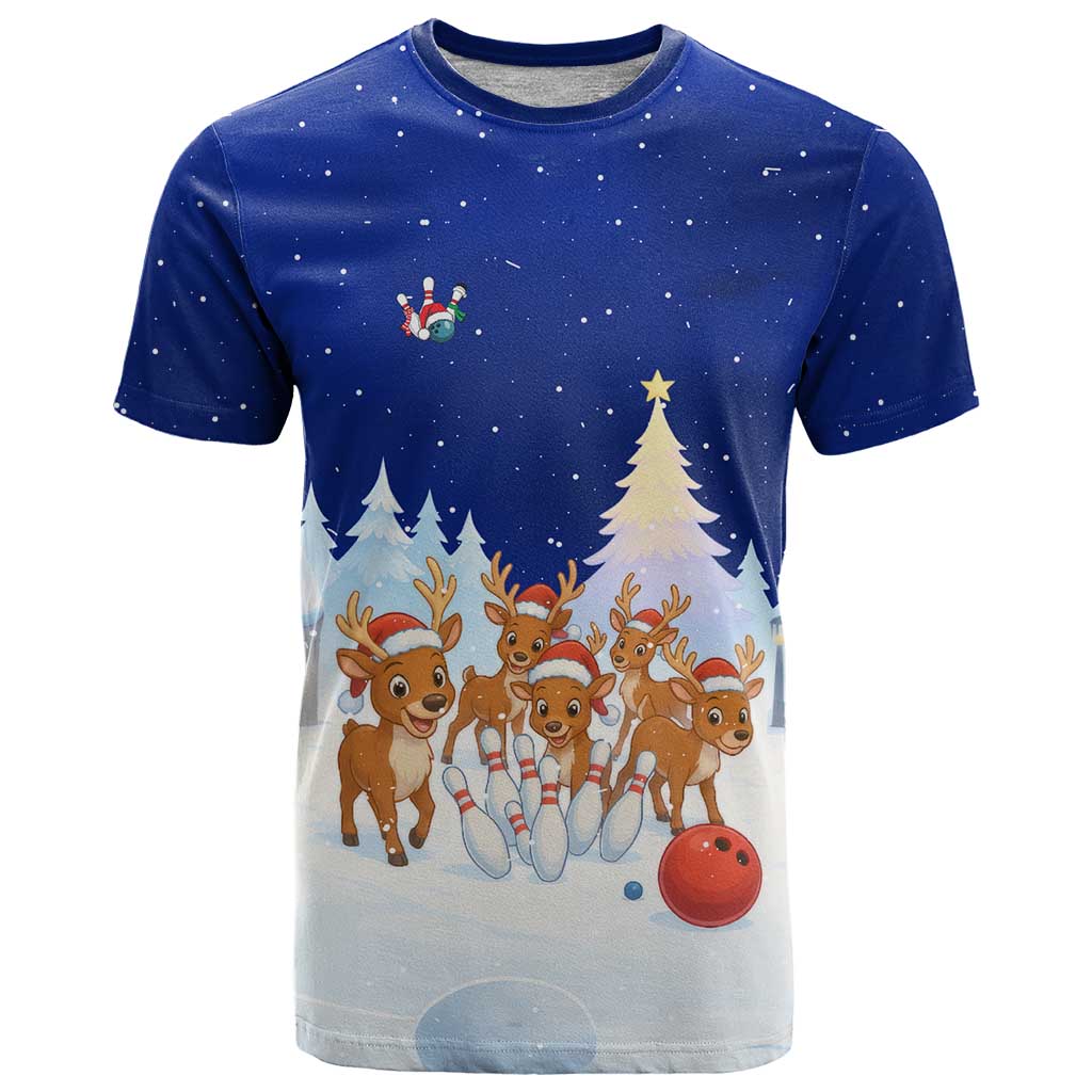 Funny Christmas Reindeer Bowling Custom T-Shirt with Reindeer Snow Scene Graphic Tee