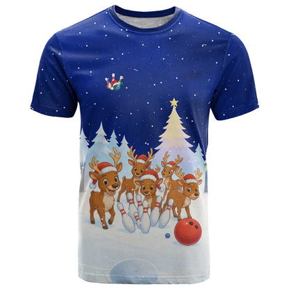 Funny Christmas Reindeer Bowling Custom T-Shirt with Reindeer Snow Scene Graphic Tee