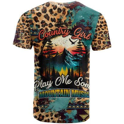 Country Girl T-Shirt Play Me Some Mountain Music with Leoppard Pattern Graphic Tee